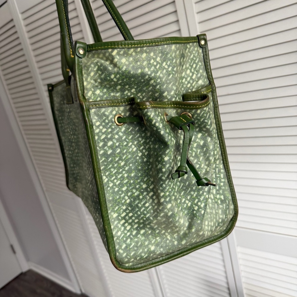 Vintage Dooney & Bourke XL Tote Bag Green Leather Canvas Large Shopper - Picture 4 of 16